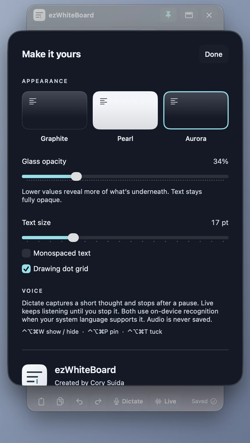 Screenshot of the appearance settings on Mac: Graphite, Pearl and Aurora looks, a glass opacity slider at 34 percent, and a text size slider.