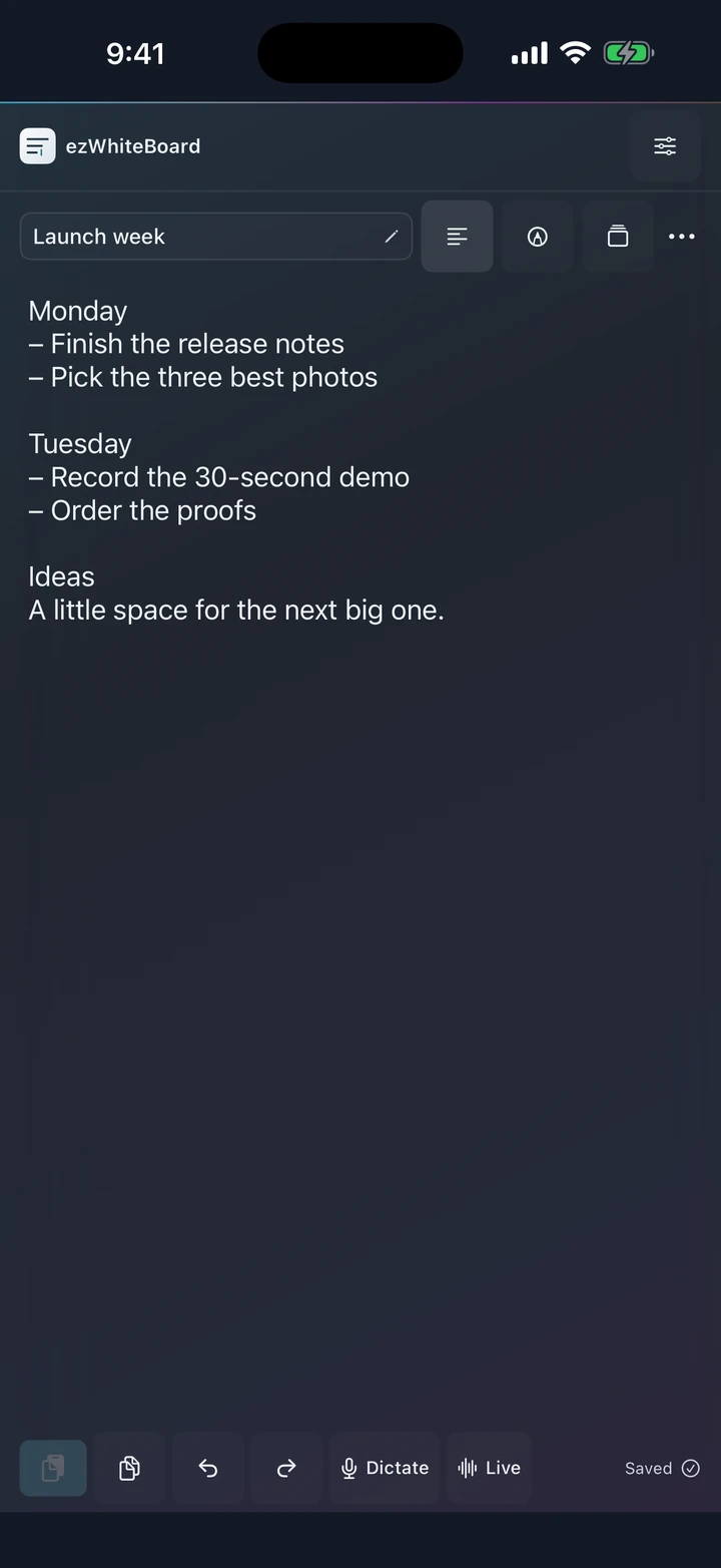 Screenshot of ezWhiteBoard on iPhone showing a named board with a short note.