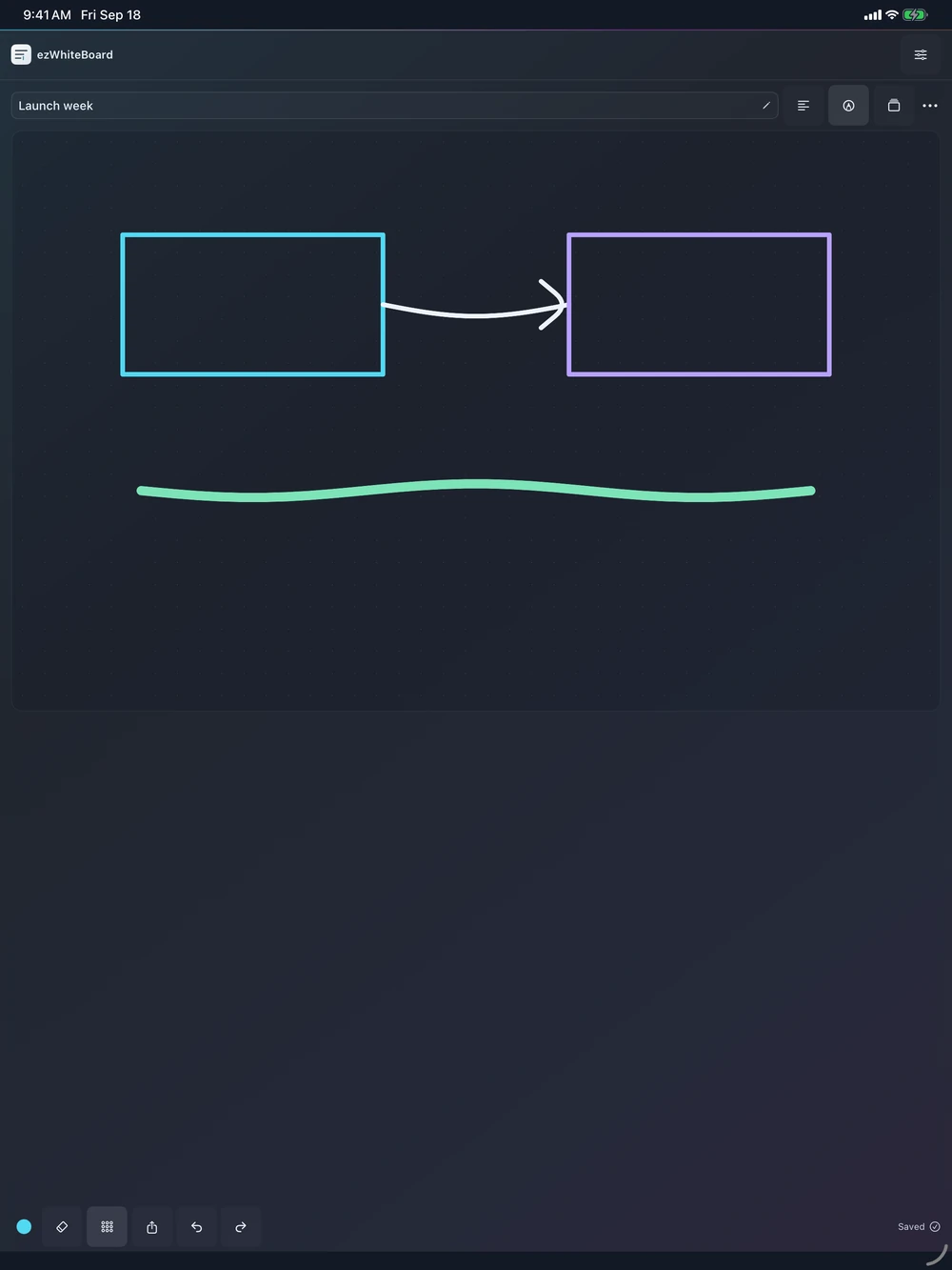 Screenshot of ezWhiteBoard on iPad in drawing mode with a simple flow sketch.